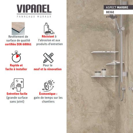 Panneau mural VIPANEL, type panneau mural, couleur beige aspect marbre, posé dans une douche.