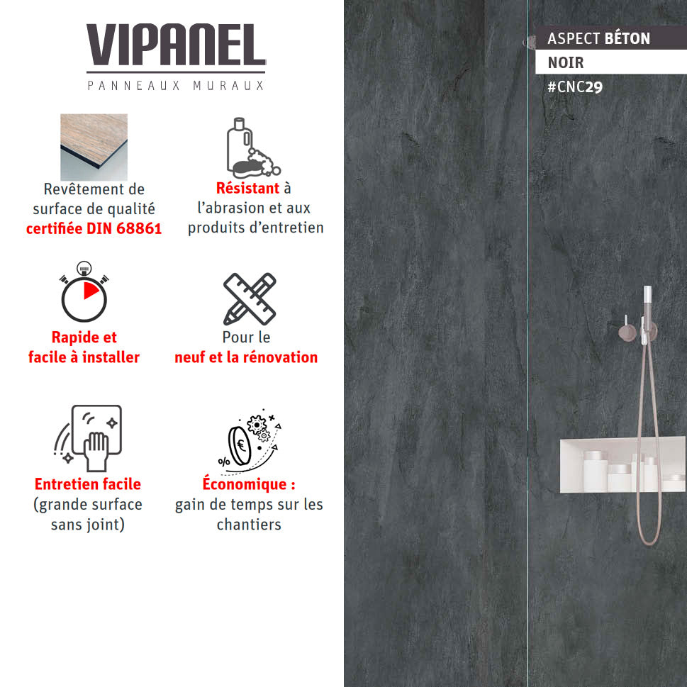Panneau mural VIPANEL aspect béton noir, revêtement mural décoratif pour salle de bain.