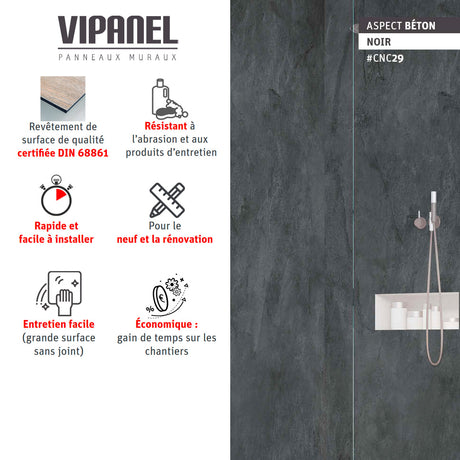 Panneau mural VIPANEL aspect béton noir, revêtement mural décoratif pour salle de bain.