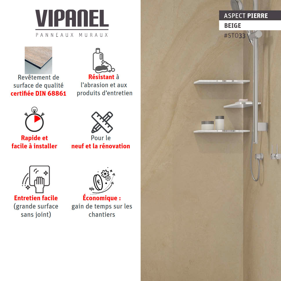 Panneau mural VIPANEL, type panneau mural, couleur beige aspect pierre pour salle de bain.