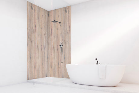 Paroi de douche VIPANEL, imitation bois chêne, couleur mat perle, marque VIPANEL.