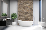 Baignoire Vipanel, couleur mat perle, panneau décor bois acajou, salle de bain moderne.