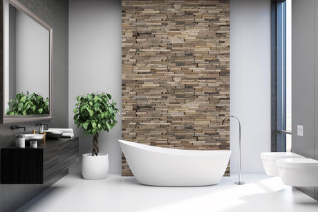 Baignoire Vipanel, couleur mat perle, panneau décor bois acajou, salle de bain moderne.