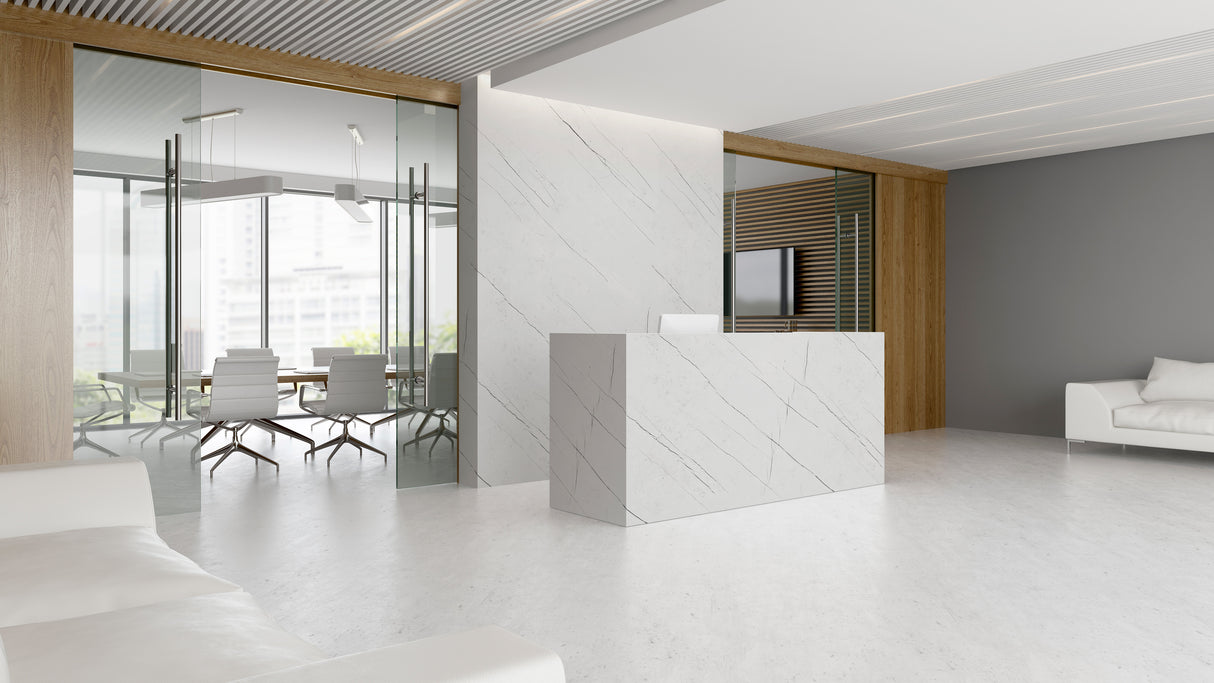 Vipanel panneau mural salon, type mat perle, couleur marbre classico, installation moderne.