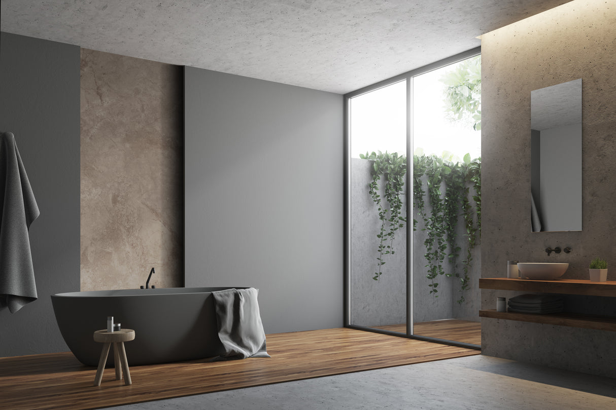 Baignoire marque Vipanel, type Velvet, couleur marbre Emperador dans salle de bain moderne