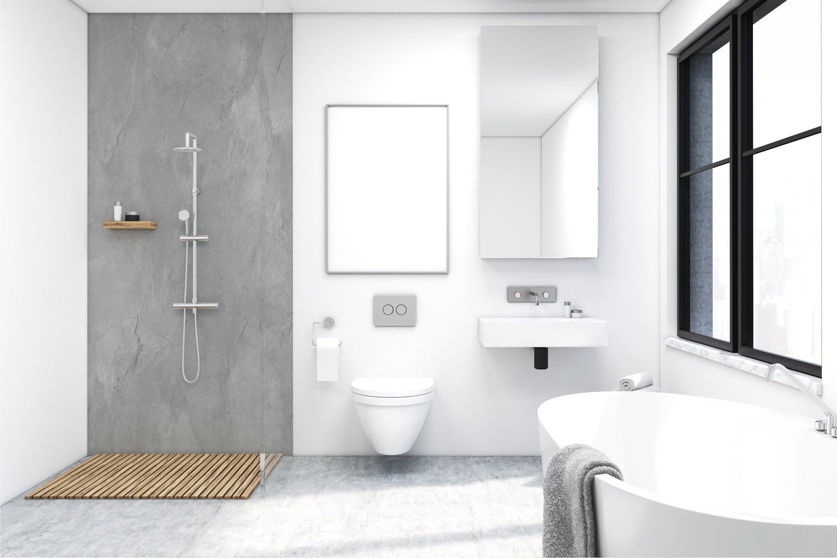 Douche Vipanel, panneau mural de marque, couleur béton anthracite, salle de bain moderne.