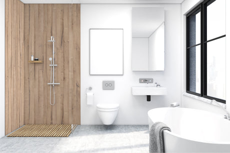 Douche VIPANEL, panneau mural Mat Perle couleur bois érable, marque VIPANEL dans salle de bain moderne.