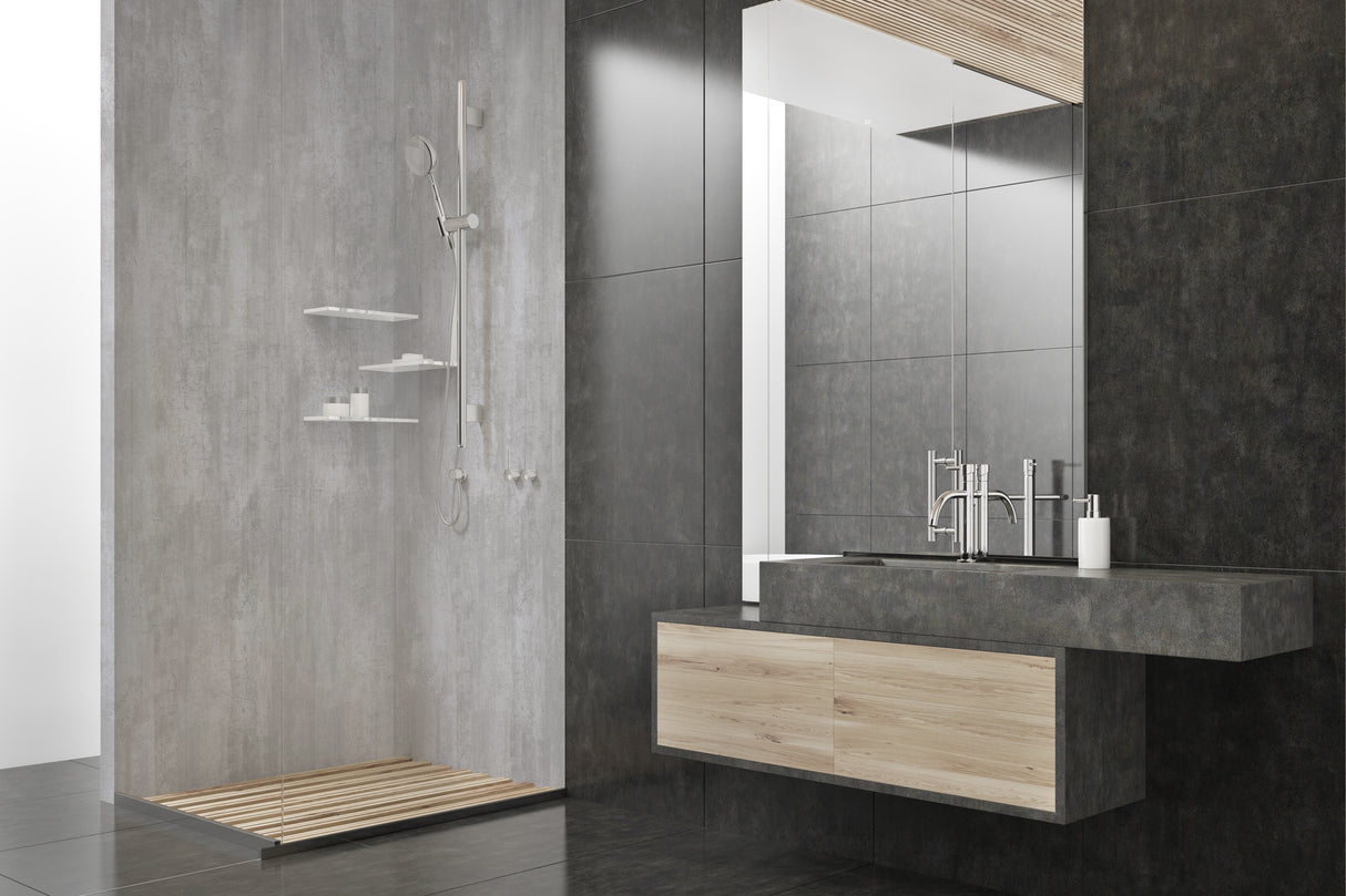 Paroi de douche d’angle Vipanel, panneau mural couleur béton gris mat perle, salle de bain moderne