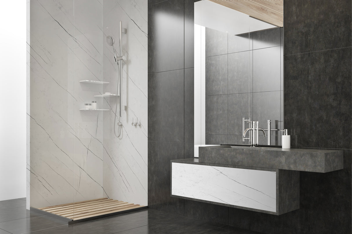Paroi de douche Vipanel, type panneau mural, couleur mat perle, aspect marbre classico.