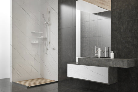 Paroi de douche Vipanel, type panneau mural, couleur mat perle, aspect marbre classico.
