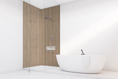 Panneau mural de douche VIPANEL, type angle, couleur bois peuplier, finition brillante.