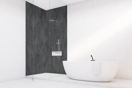 Douche d'angle Vipanel, panneau mural mat perle, couleur béton noir, aspect moderne