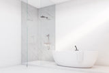 Douche d'angle Vipanel, type panneau mural, couleur mat perle, effet marbre classico.