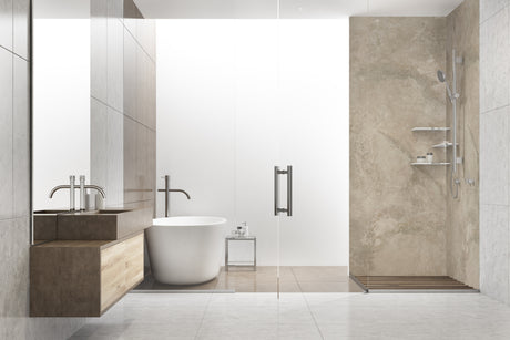 Panneau mural Vipanel, type douche, couleur marbre beige, dans une salle de bain moderne.