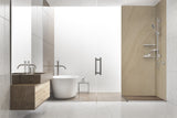 Douche d’angle Vipanel pierre beige, paroi et receveur couleur mat perle, salle de bain moderne.