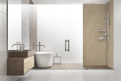 Douche d’angle Vipanel pierre beige, paroi et receveur couleur mat perle, salle de bain moderne.