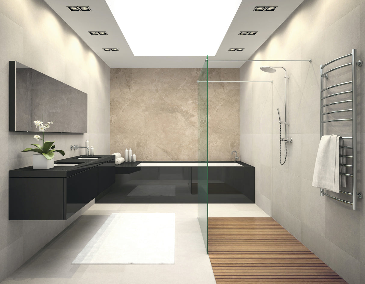 Salle de douche moderne Vipanel, panneau mural effet marbre beige, finition mat perle.