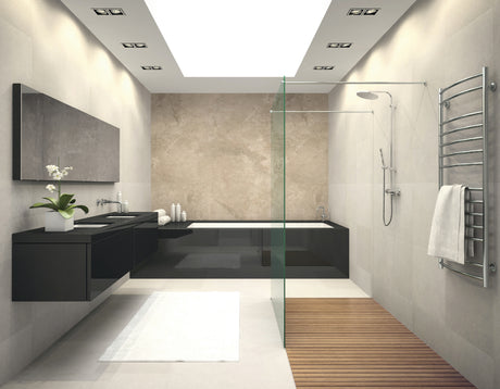 Salle de douche moderne Vipanel, panneau mural effet marbre beige, finition mat perle.
