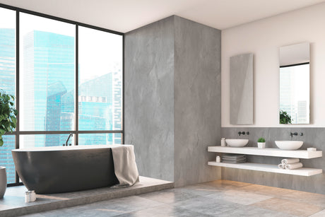 Salle de bain moderne avec panneau mural marque Vipanel, type panneau mural, couleur béton anthracite mat perle.