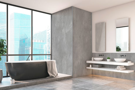 Salle de bain moderne avec panneau mural Vipanel, type béton anthracite, couleur mat perle.