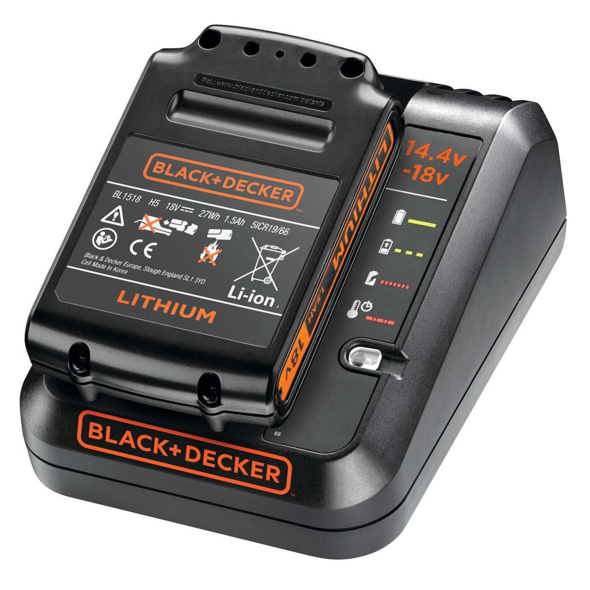 Batterie noire lithium Black+Decker pour outils électroportatifs, chargeur inclus.