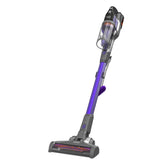 Aspirateur balai sans fil Black+Decker, couleur violet et noir, vue de côté.