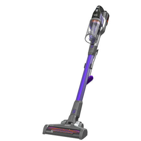 Aspirateur balai sans fil Black+Decker, couleur violet et noir, vue de côté.