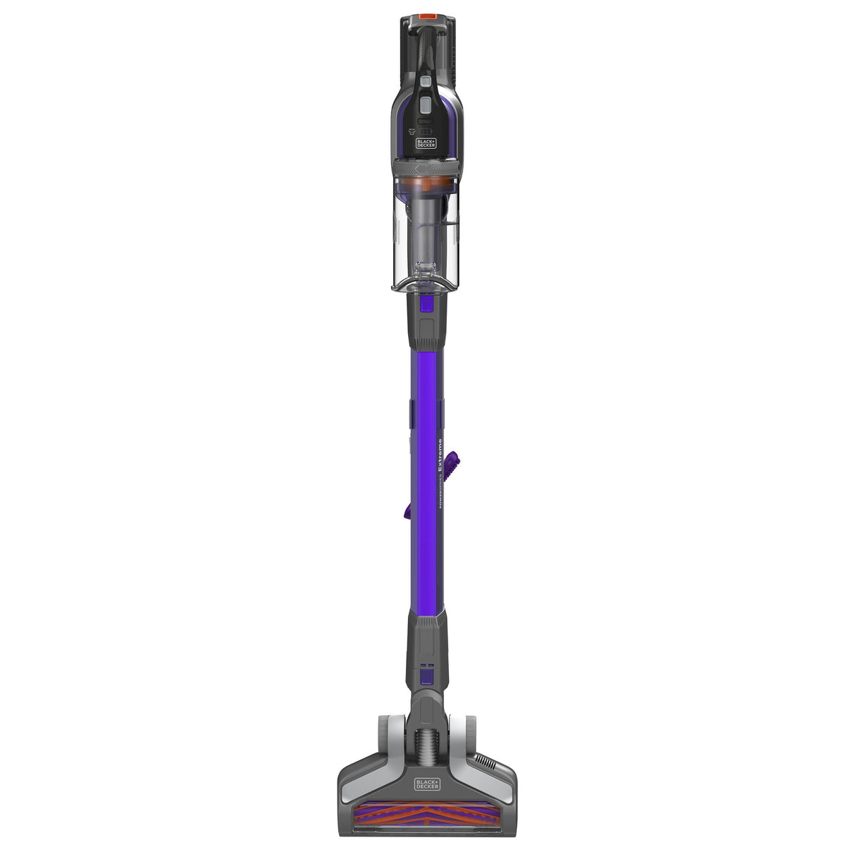 Aspirateur balai sans fil Black+Decker, violet et gris, vue de face sur fond blanc