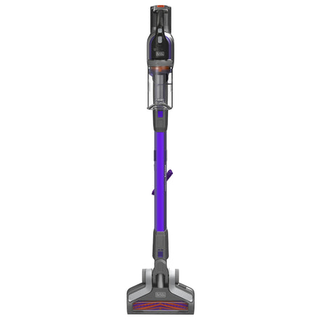 Aspirateur balai sans fil Black+Decker, violet et gris, vue de face sur fond blanc
