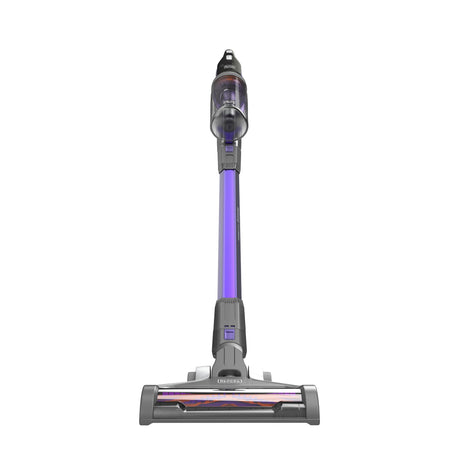 Aspirateur balai Black+Decker sans fil, couleur violet et gris, vue de face sur fond blanc