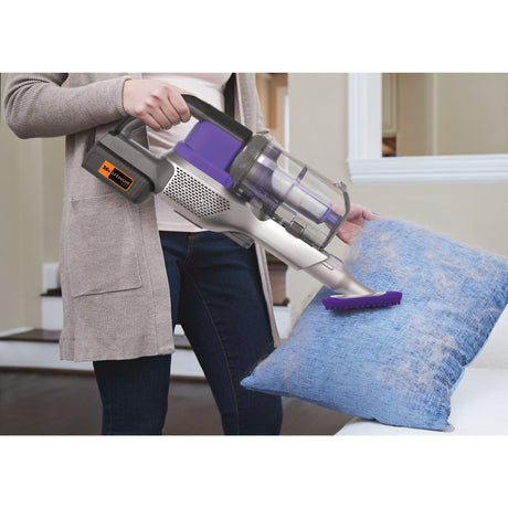 Aspirateur sans fil BLACK+DECKER, type balai, couleur gris et violet, nettoyage coussin