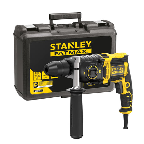 Perforateur burineur Stanley FATMAX, outil électrique jaune et noir avec mallette.