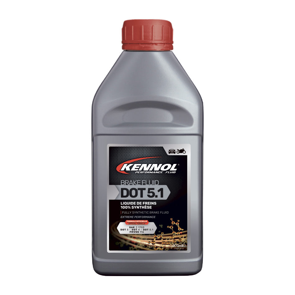 Liquide de freins Kennol DOT 5.1, synthétique, flacon gris avec bouchon rouge, 500ml