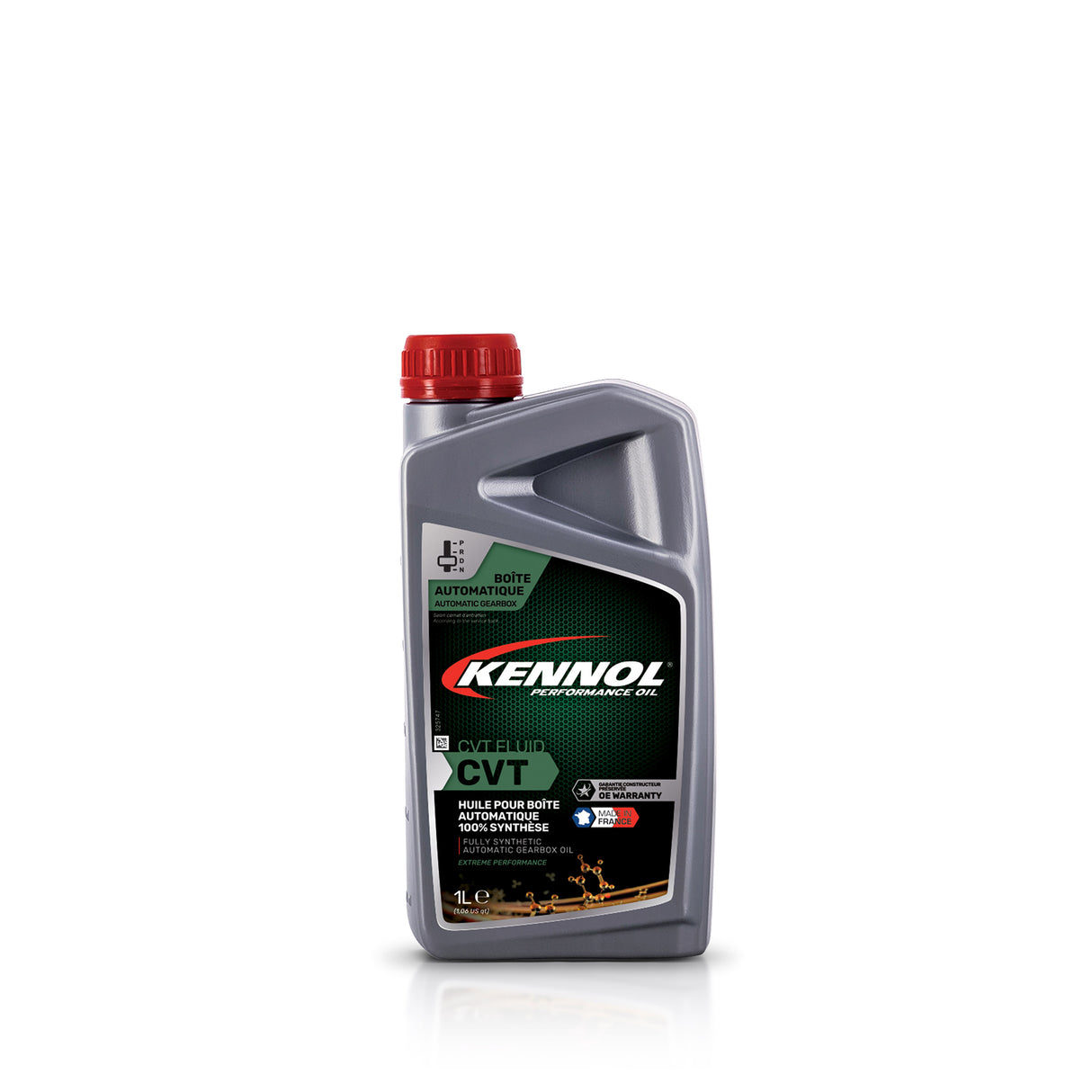 Bouteille grise d'huile KENNOL CVT pour boîte automatique, bouchon rouge.