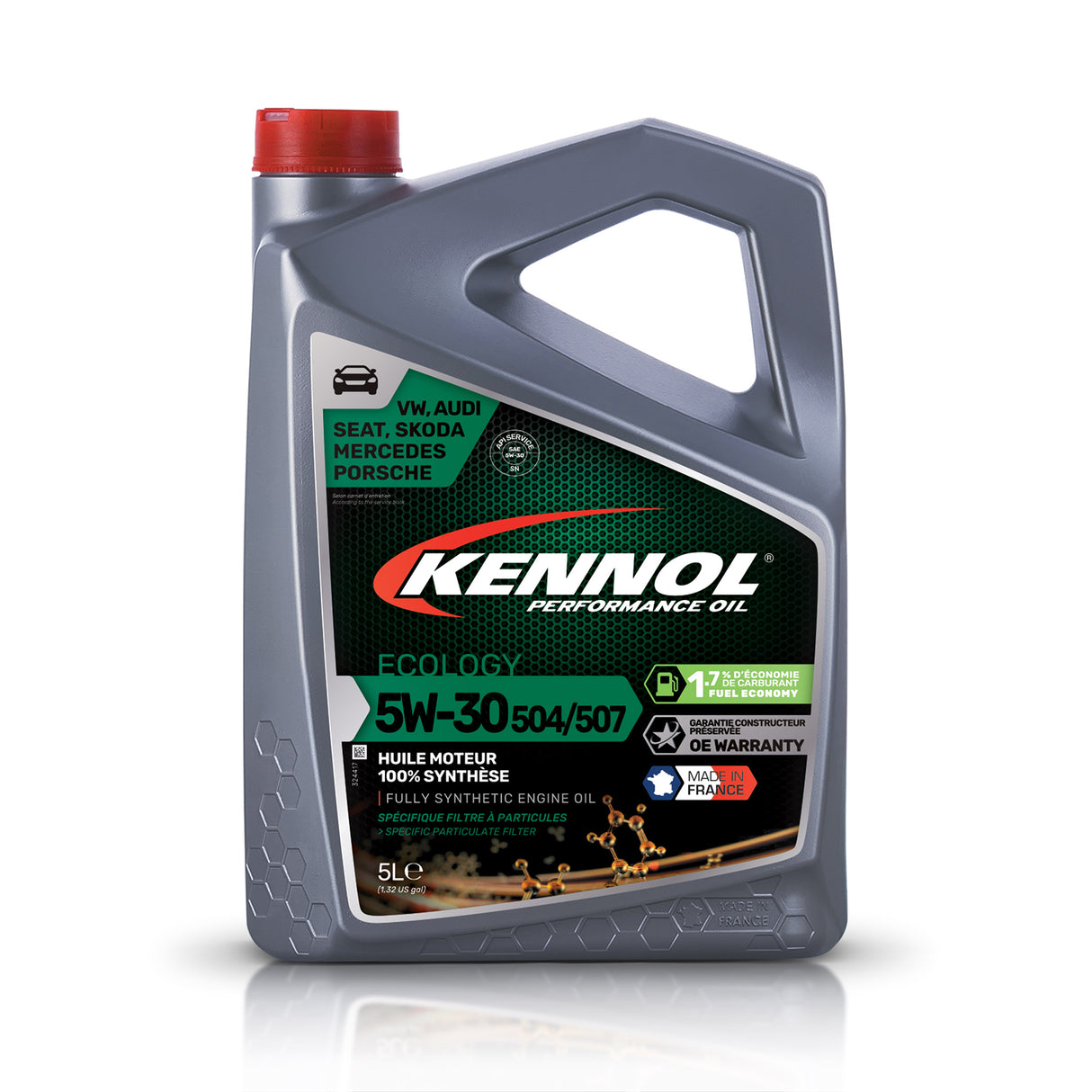 Bidon gris d’huile moteur KENNOL Ecology 5W-30, produit de couleur grise, étiquette noire et verte.