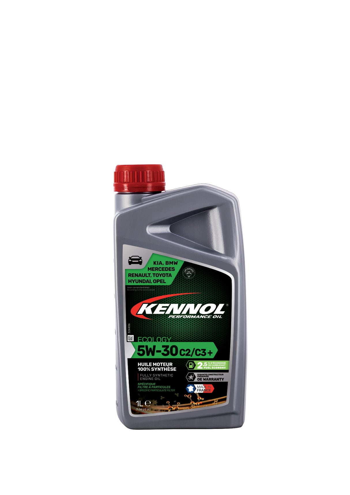 Huile moteur grise Kennol Ecology 5W-30 C2/C3+ synthétique, bouchon rouge.