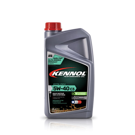 Bidon gris d'huile moteur KENNOL 5W-40 C3, 2L, avec bouchon rouge.