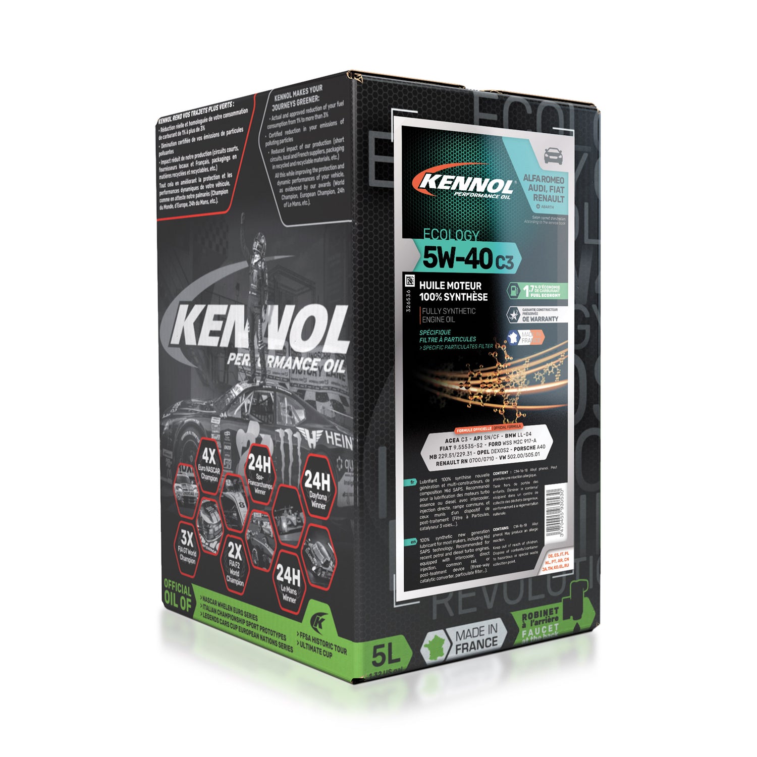 Huile moteur noire KENNOL Ecology 5W-40 C3, bidon 5L en carton, lubrifiant synthétique