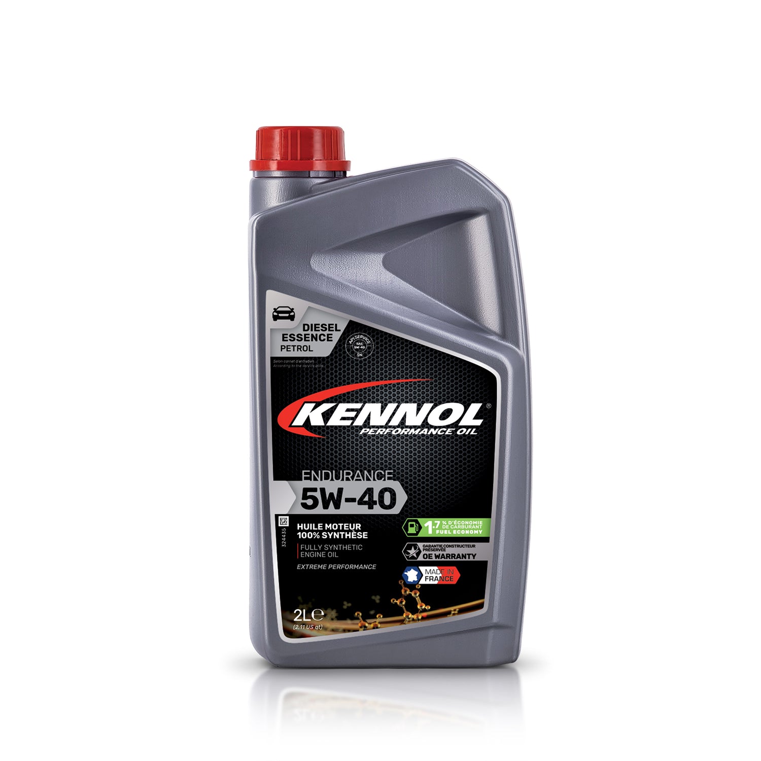 Huile moteur grise Kennol Endurance 5W-40, bidon synthétique 2L avec bouchon rouge.
