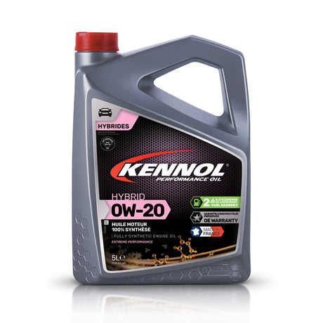 Bidon gris d'huile moteur synthétique KENNOL HYBRID 0W-20, 5L, bouchon rouge.