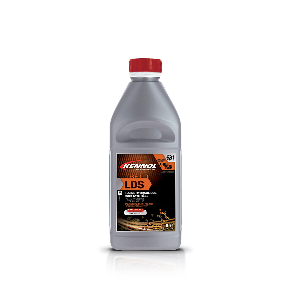 Bouteille grise de fluide hydraulique LDS KENNOL avec bouchon rouge, 1 litre.