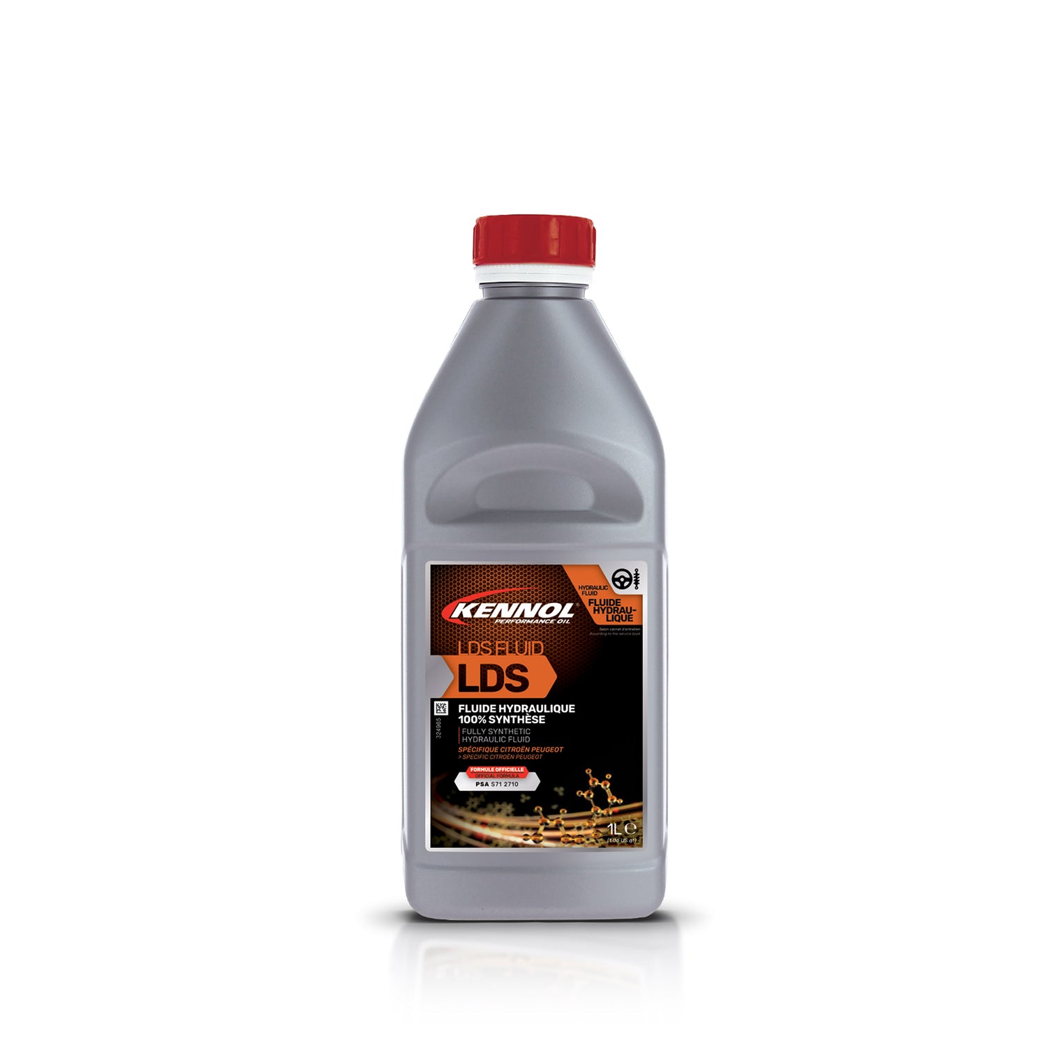 Bouteille grise de fluide hydraulique LDS KENNOL avec bouchon rouge, 1 litre.