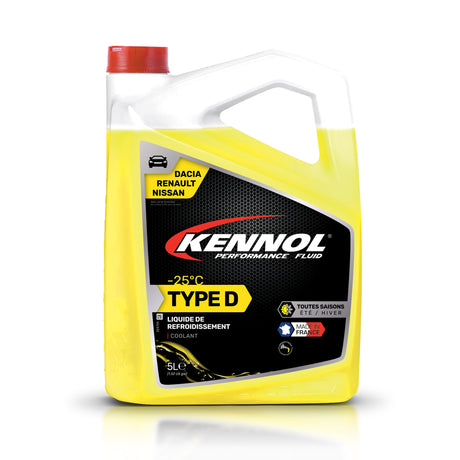 Bidon jaune de liquide de refroidissement Kennol Type D, 5L, pour voiture.