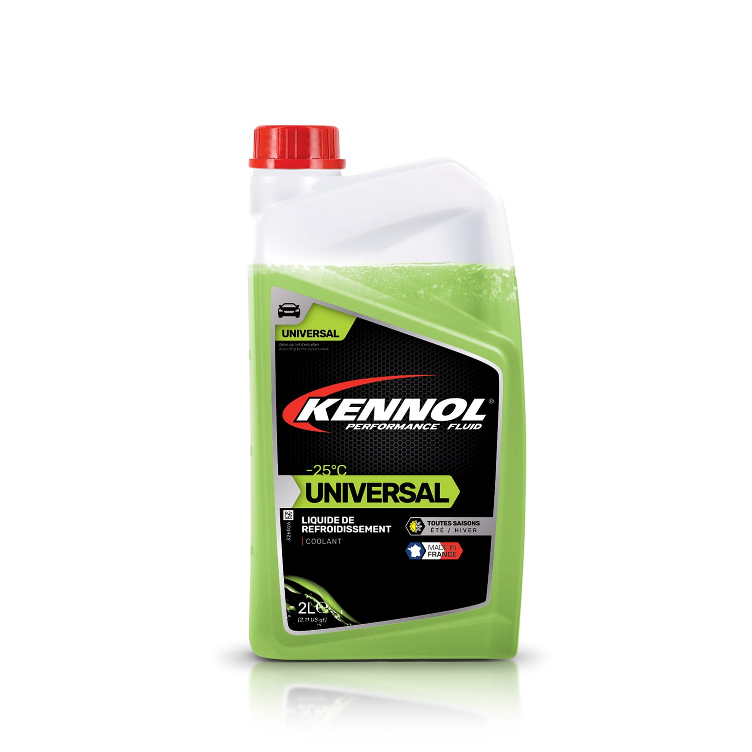 Bidon vert de liquide de refroidissement KENNOL Universal 2L, bouchon rouge.