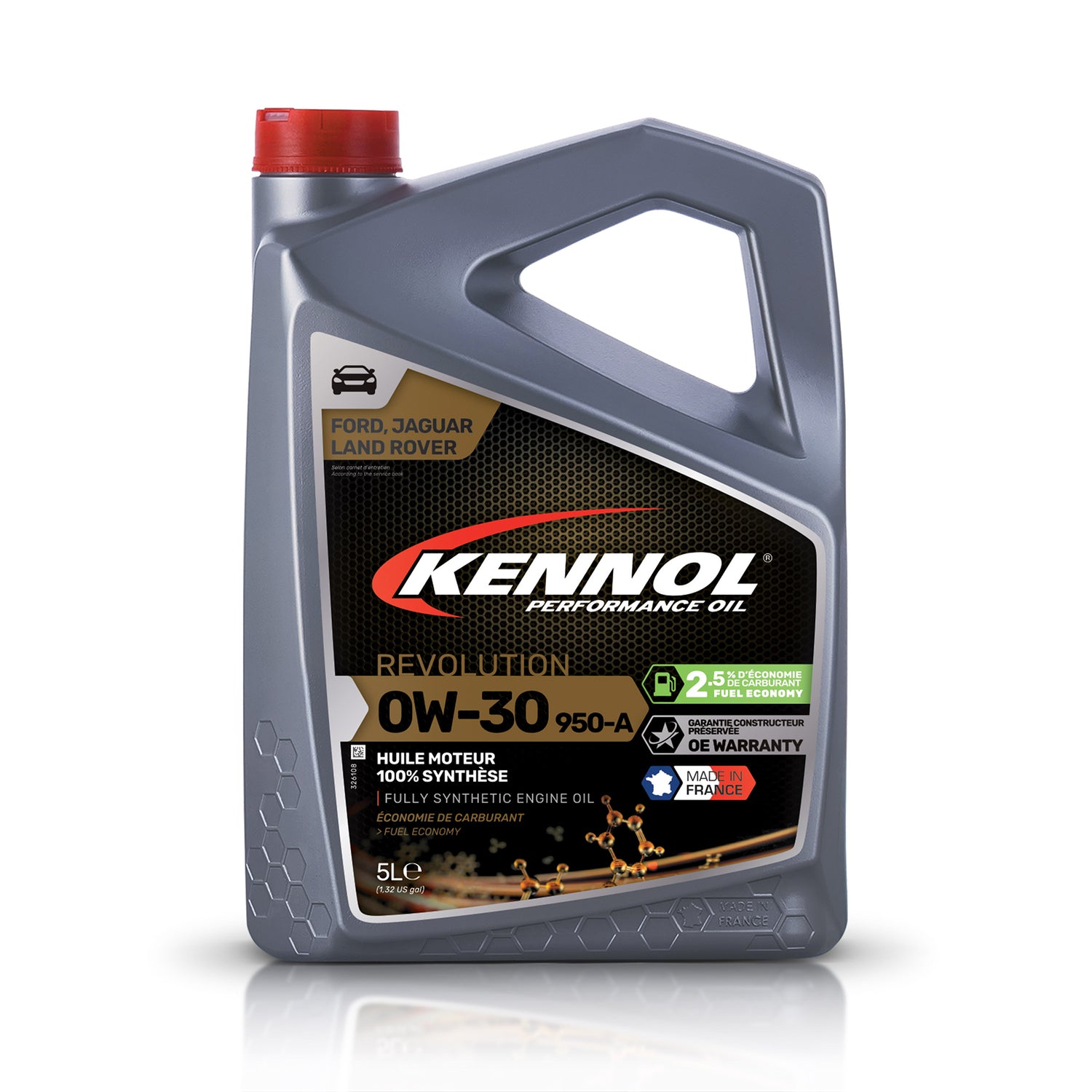 Bidon gris d’huile moteur synthétique KENNOL 0W-30, 5L, bouchon rouge.