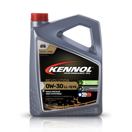Bidon gris de huile moteur KENNOL 0W-30 synthétique, 5L, avec bouchon rouge.