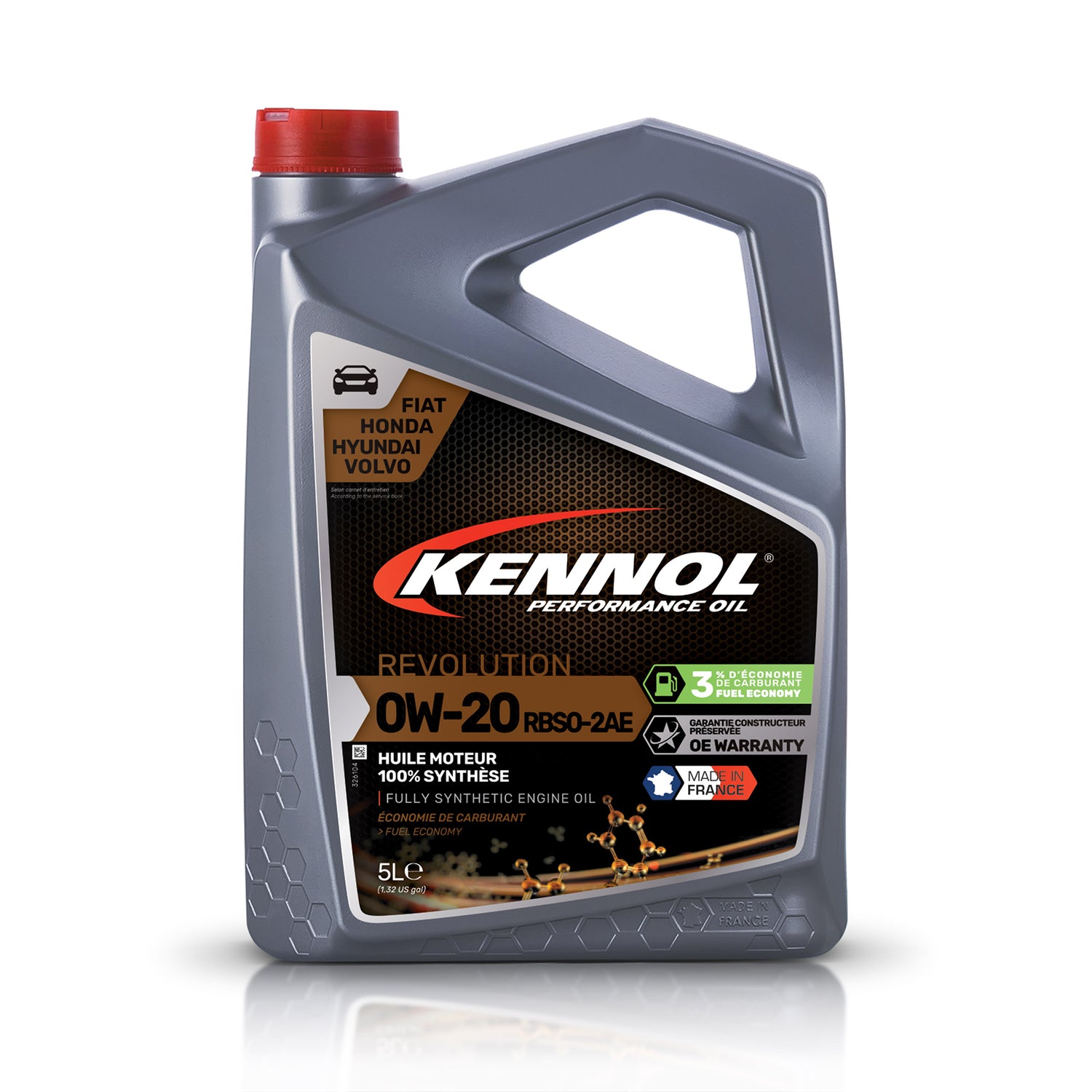 Bidon gris d’huile moteur Kennol 0W20 synthétique, 5L, bouchon rouge.