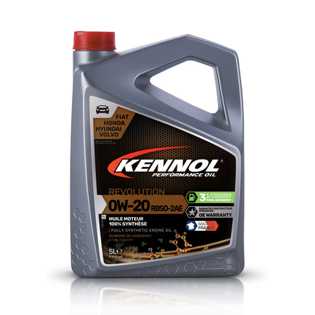Bidon gris d’huile moteur Kennol 0W20 synthétique, 5L, bouchon rouge.