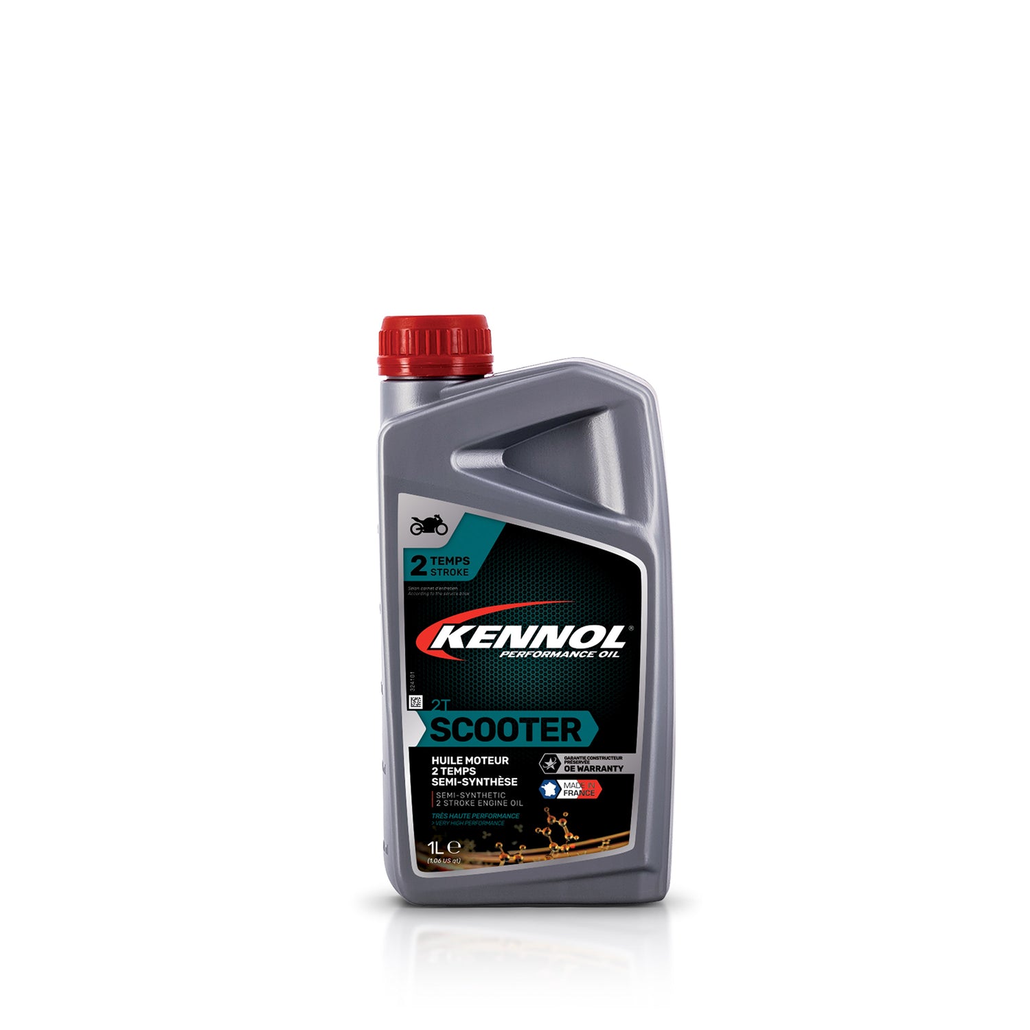 Huile moteur KENNOL pour scooter 2 temps, bidon gris 1L avec bouchon rouge.