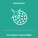 Pictogramme douchette anti-calcaire Grohe, produit sanitaire, couleur verte, nettoyage facile.